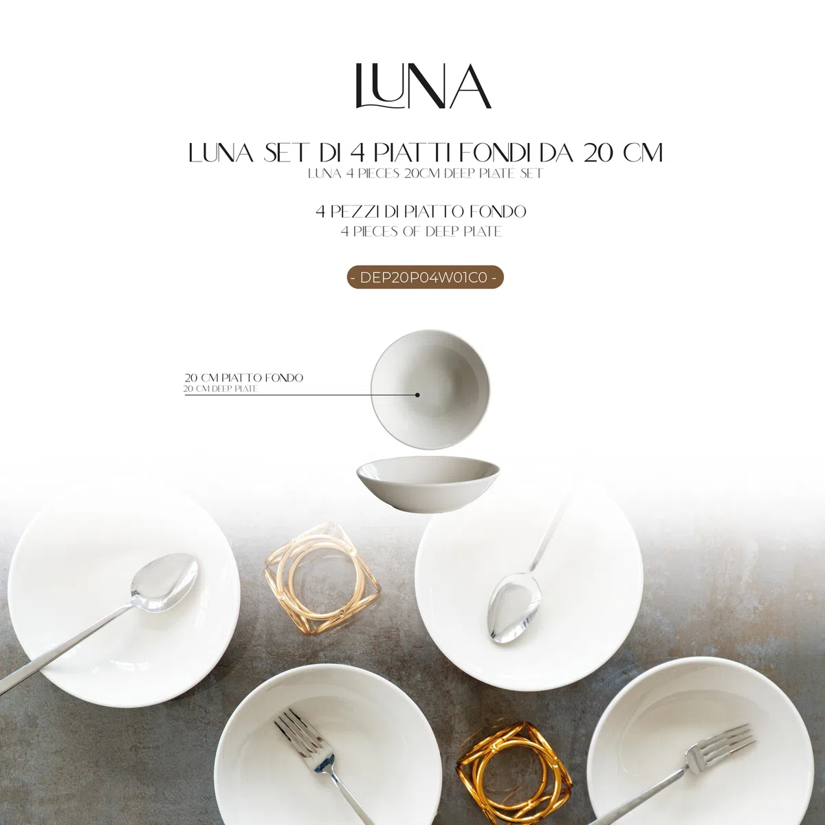 Set piatti LUNA fondi 20 cm | Piatti in porcellana uso quotidiano eleganti. 4 Pezzi. Per 4 Persone