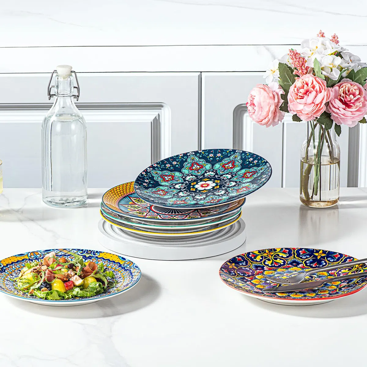 HENXFEN LEAD Piatto Da Insalata in Porcellana, 21 cm, Da Colazione e Dessert in Ceramica - Set Di 6 Rotondi Piccoli Con Motivo Colorato, Stile Bohemien