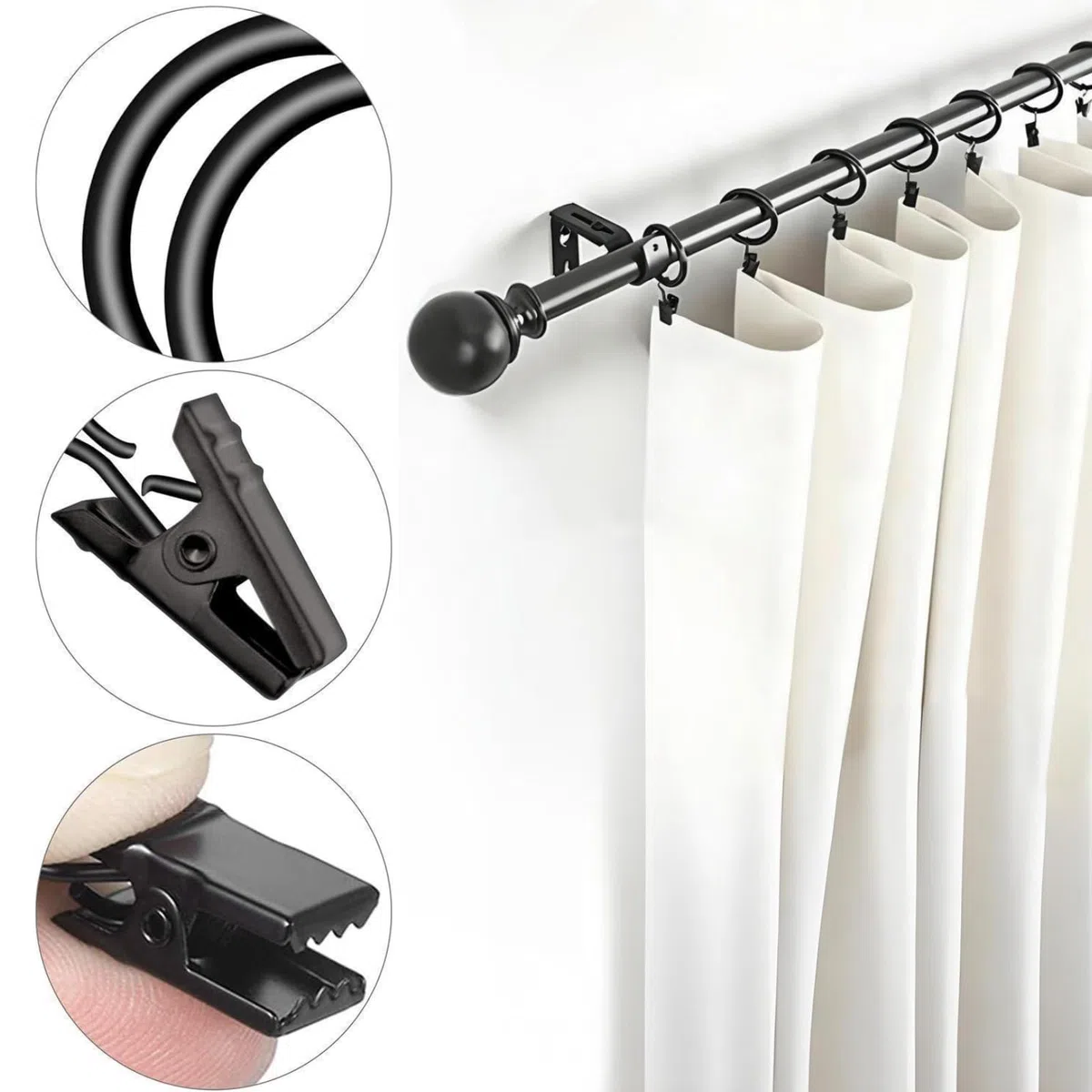40 Pezzi Anelli Tende con Clip, Metallo Ganci per Tende 25mm Diametro Interno, Anelli per Tende con Ganci, Nero