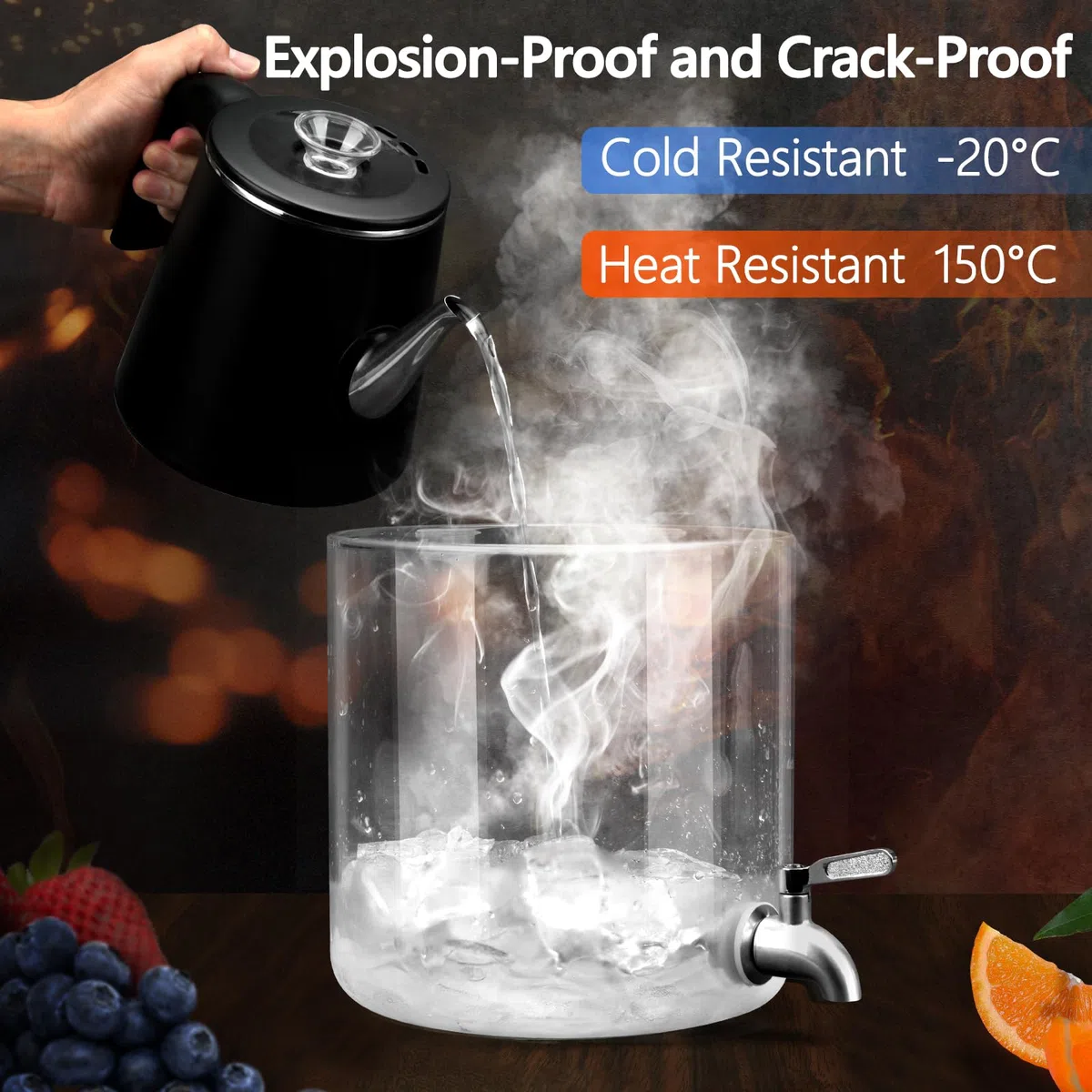 Dispenser per bevande, 10 l, in vetro, con rubinetto in acciaio inox, con supporto in bambù, per feste