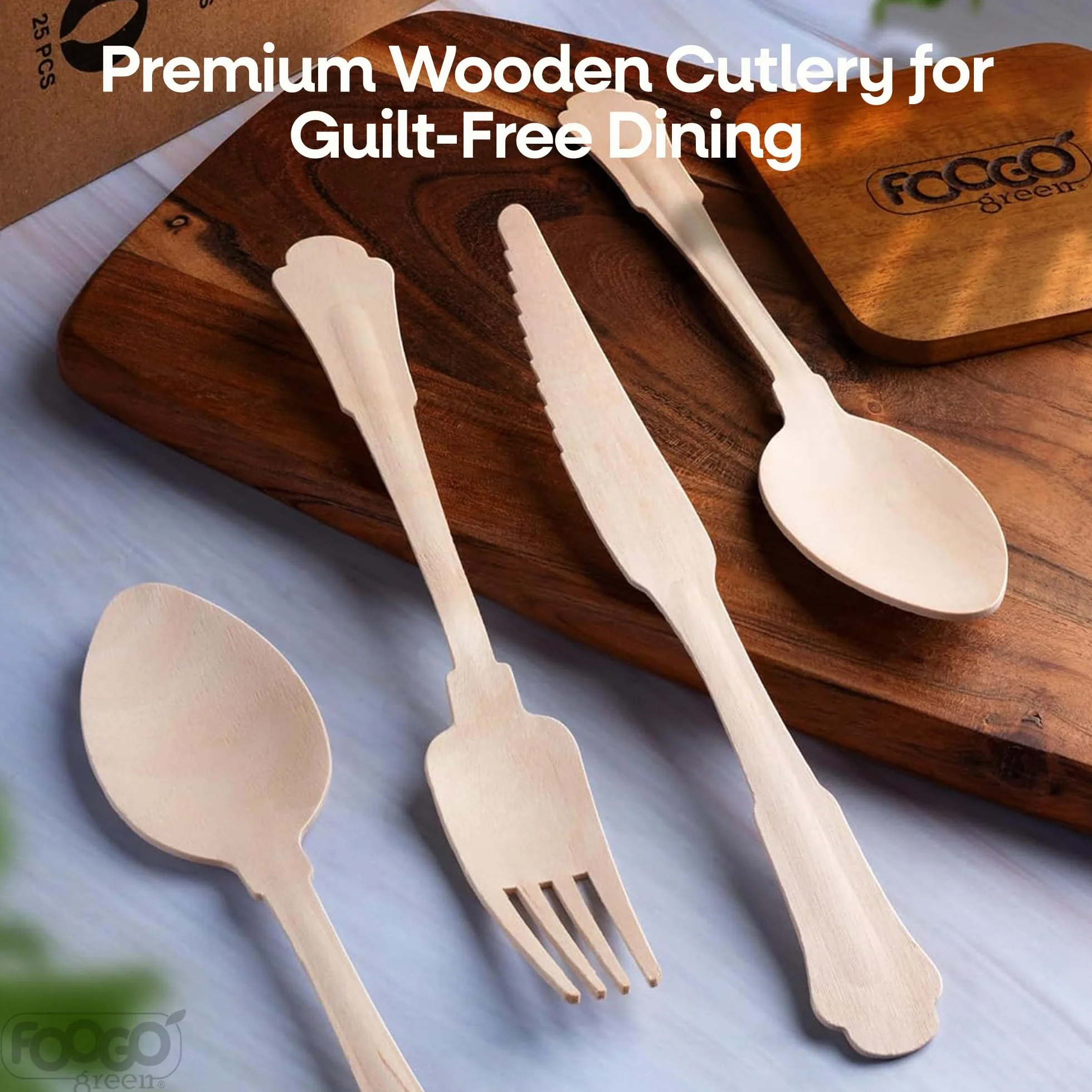 FOOGO Green Set di 75 Posate Monouso in Legno, Certificate FSC®, 25 Forchette, 25 Cucchiai, 25 Coltelli, 16 cm, Compostabili, Set di Posate, Picnic, Set di Posate in Bambù per Aperitivi, Stuzzichini