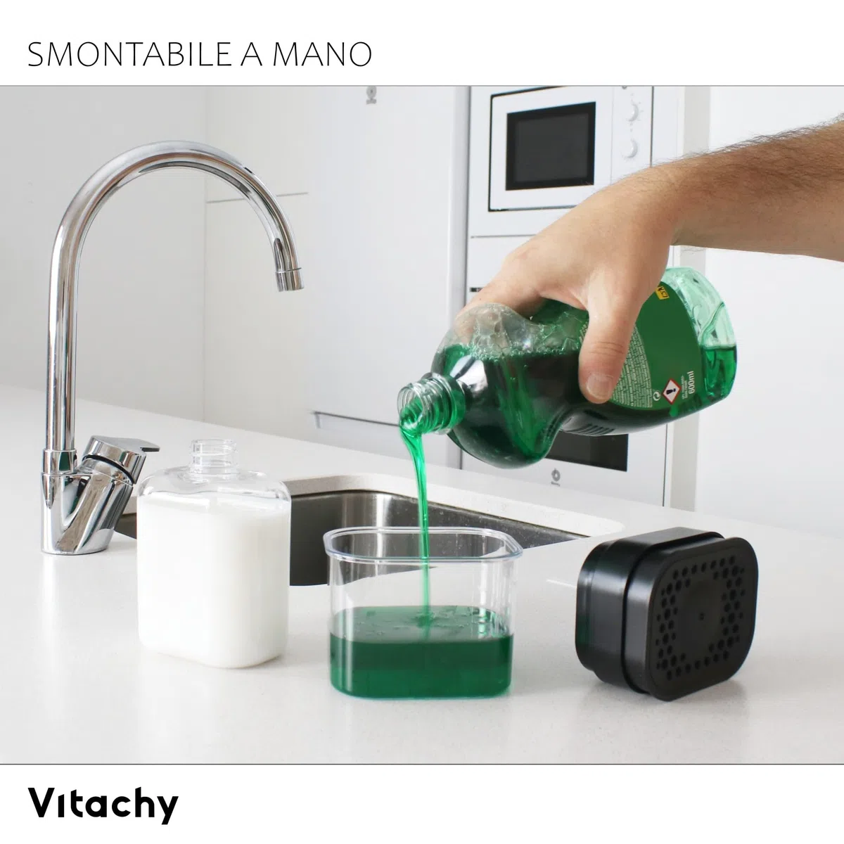 Dispenser Sapone Cucina Nero con Dosatore per Lavastoviglie e per Sapone per Mani. Organizzatore per Lavello con Supporto in Spugna Dish Soap Dispenser for Kitchen