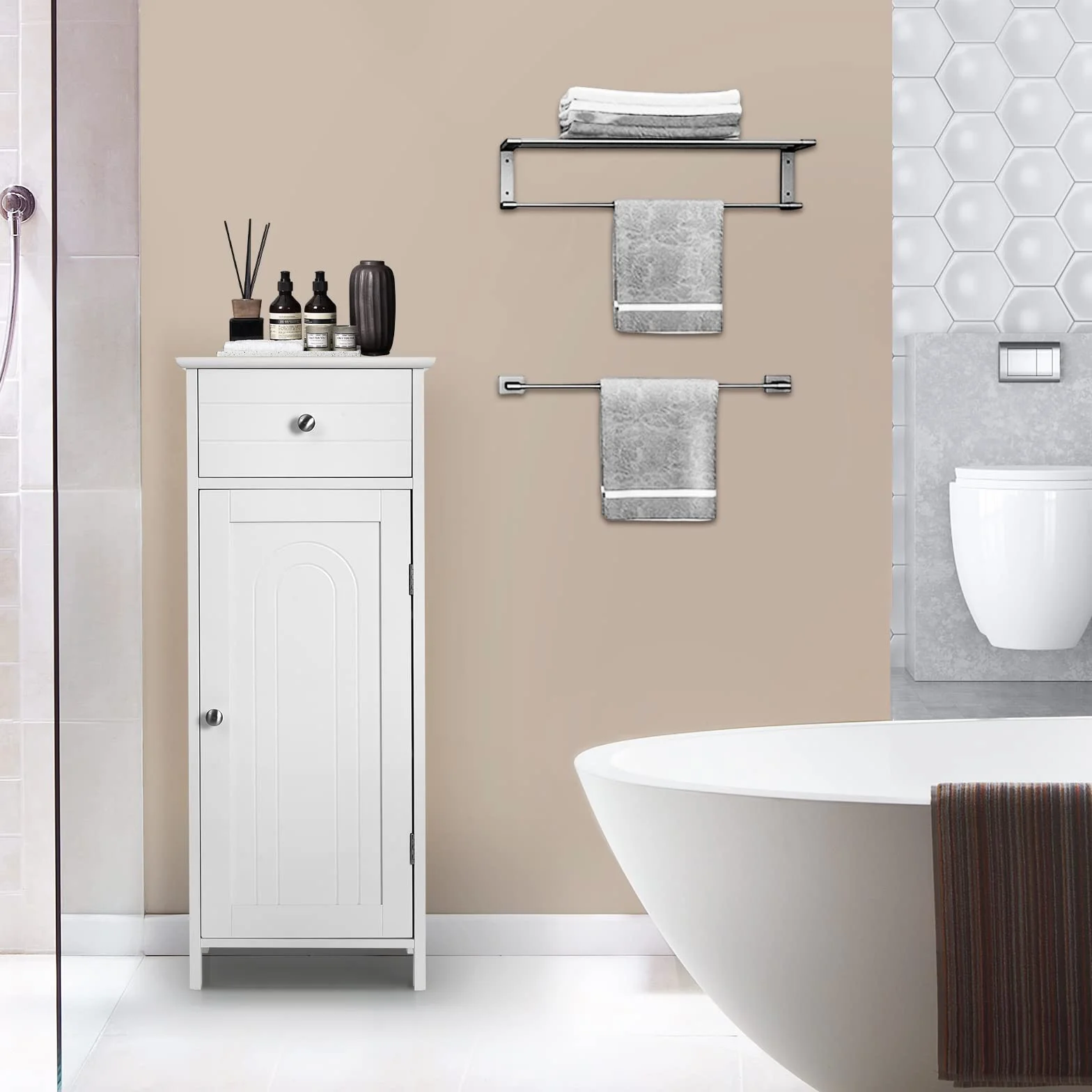 LIFEZEAL Mobiletto Bagno Salvaspazio, Mobiletto Multiuso in Legno 35,5 x 30,5 x 88cm, Mobile Bagno con Cassetto e 1 Porta, Armadietto da Terra con Ripiani Regolabile per Cucina e Soggiorno, Bianco