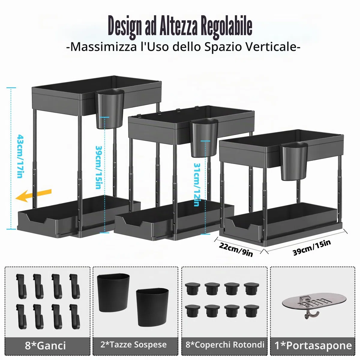 Eufrozy Confezione da 2 Organizer Sottolavello a 2 Ripiani, Ripiani Sottolavello con 8 Ganci e 2 Tazze e 1 portasapone, Scaffale Multiuso Regolabile in Altezza per Cucina, Bagno, Nero