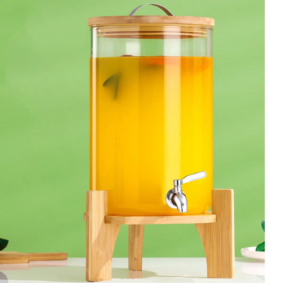 Dispenser per bevande, 10 l, in vetro, con rubinetto in acciaio inox, con supporto in bambù, per feste