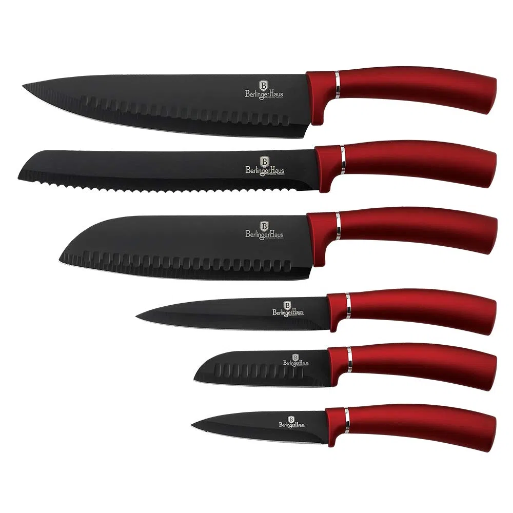 BerlingerHaus Burgundy Set 6 Coltelli da Cucina Professionali, Lama Acciaio Inossidabile, Rivestimento Antiaderente, Coltello da Cuoco, Pane, Santoku, Manico Ergonomico, Design Metallic Line(BH-2542)