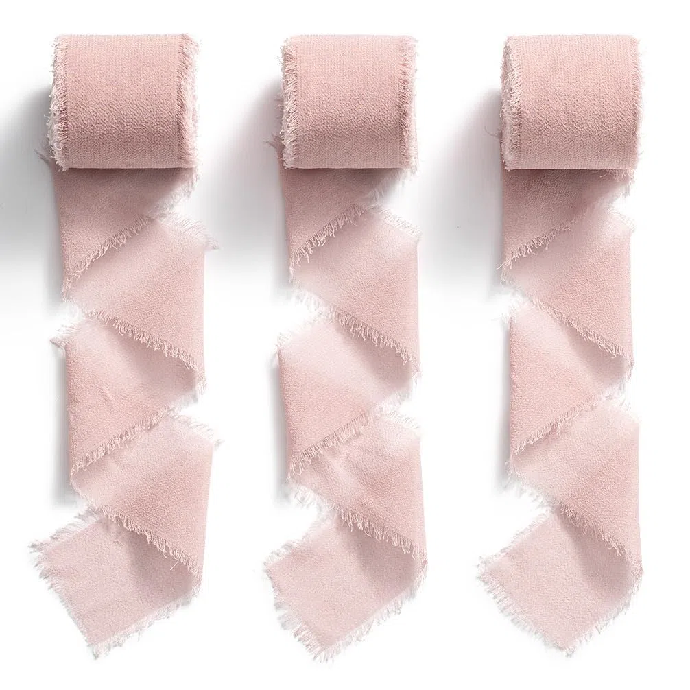 MORSUNBELA Nastro in Chiffon Rosa Antico, Nastro in Chiffon, 3,8 cm, con Frange, 19,2 m