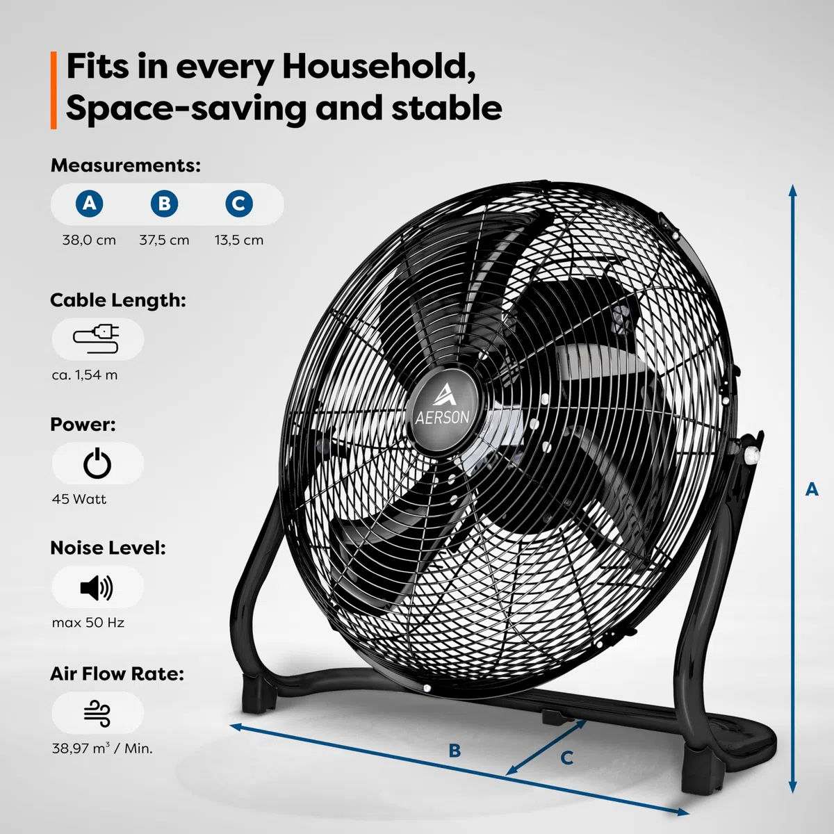 TRESKO AERSON Ventilatore da pavimento 30 cm, con 3 livelli di potenza, ventilatore 45W, alto flusso d'aria, struttura robusta in metallo, angolo di inclinazione ca. 110 gradi