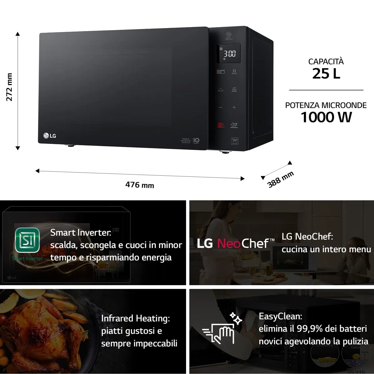 LG MH6535GIB Forno Microonde Smart Inverter con Grill al Quarzo, 25 Litri, 1150 W, Programmi Automatici, 5 Livelli di Potenza Regolabili - Nero Fumè