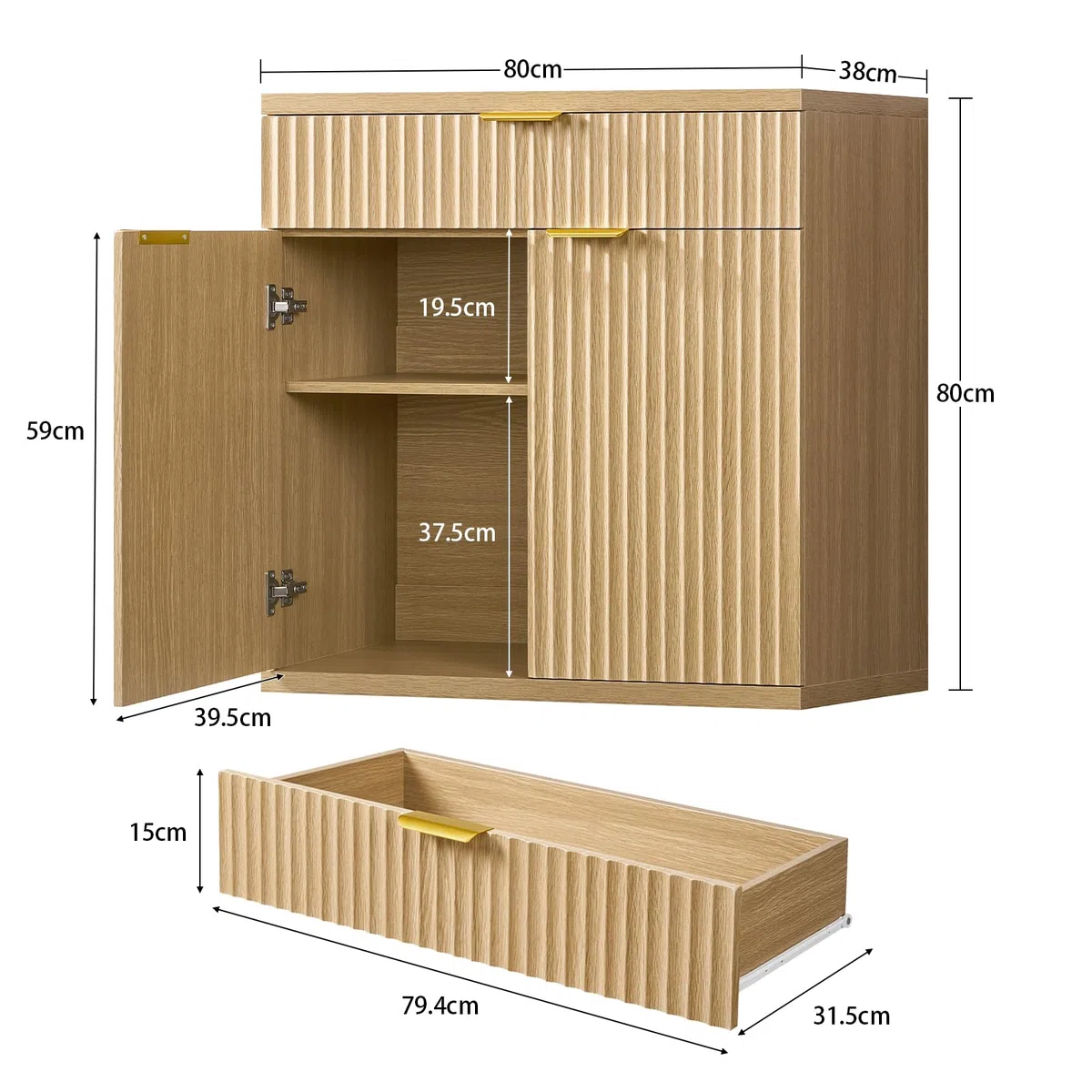 TEENFON Credenza Cucina Scanalata, Mobile con Cassetto e Ripiano Regolabile, Mobiletto Cucina in Legno Naturale con Maniglie Dorate, Credenza Soggiorno per cucina, soggiorno, ingresso-80x38x80cm