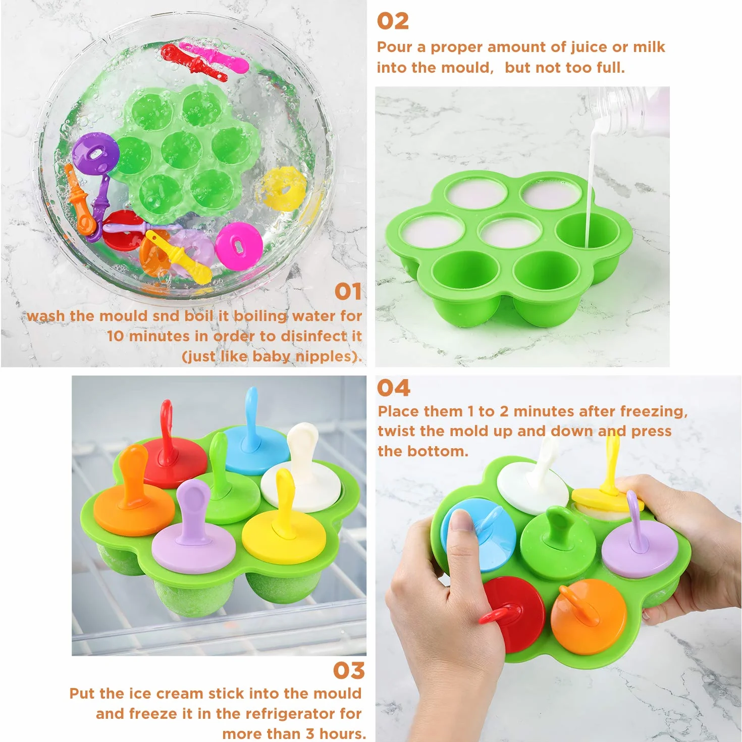 WD&CD 2 Pezzi Stampi per Gelato 7 Fori Cavità Formine in Silicone Riutilizzabili, Stampi Gelato Stecco per Congelare il Gelato al Cioccolato Fai da te, Bastoncini Colorati 18 Pezzi Inclusi(Verde+Blu)