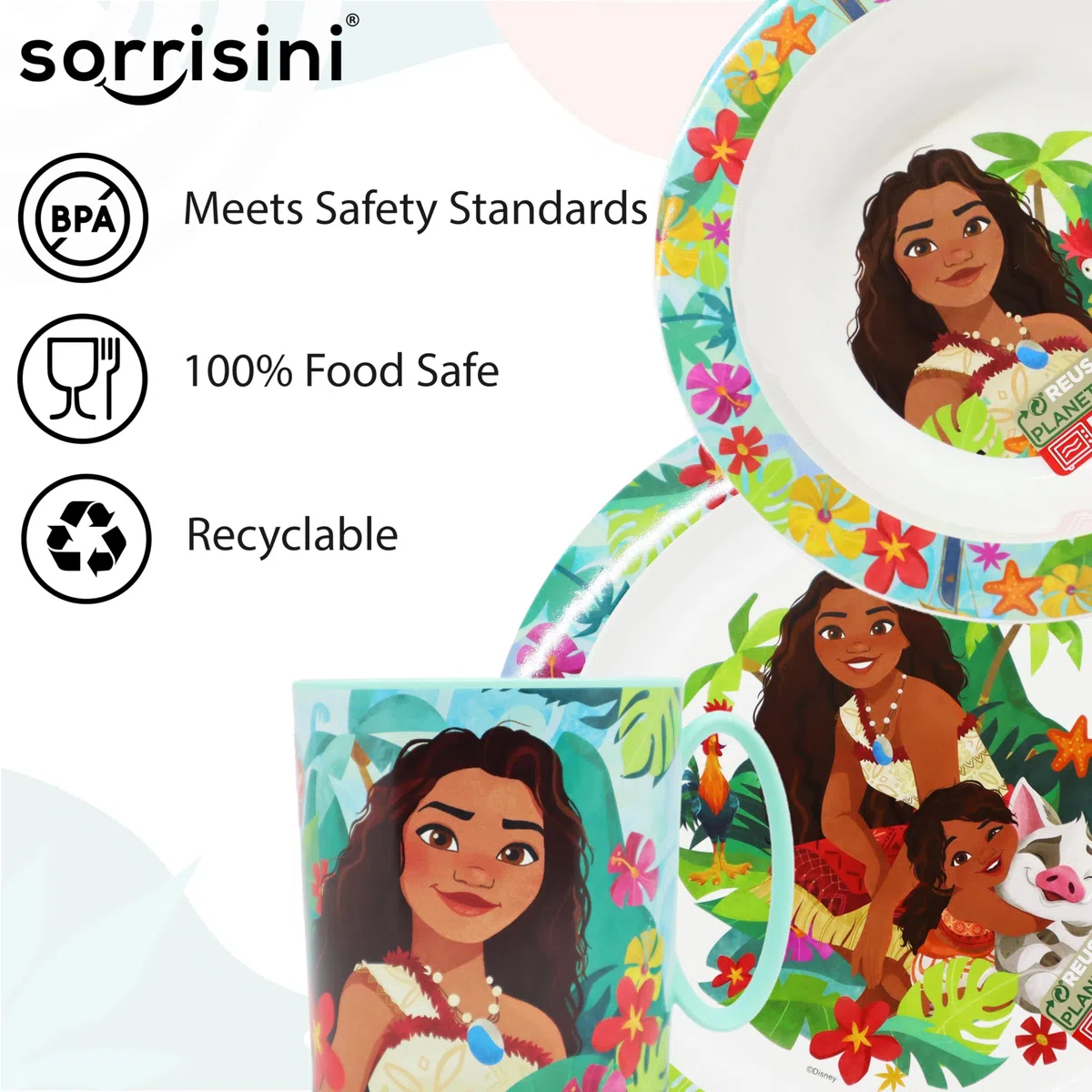 Set Stoviglie riutilizzabili Vaiana, Piatti Bambini per asilo scoula con piatto, ciotola, tazza 350ml, Set stoviglie in plastica dura adatta per microonde, Vaiana-Wow
