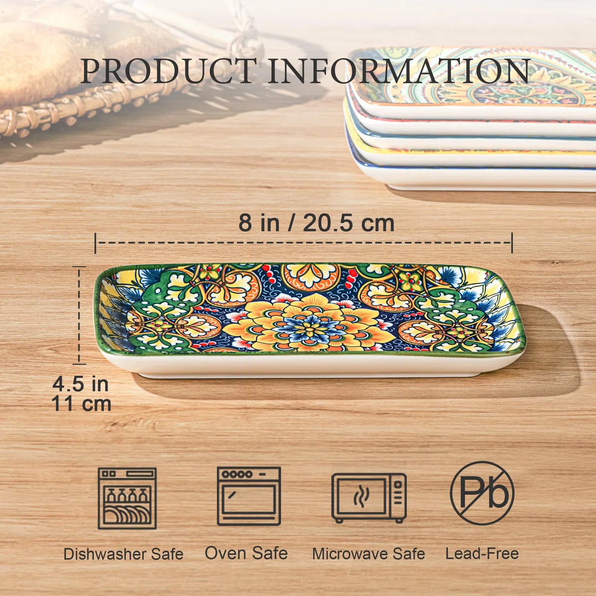 Henten Home Set di Piatti da Portata in Porcellana, Piatti Rettangolari 6 Pezzi, Piatti Piani Boemia per Sushi, Dessert, Spuntino, Antipasto - 20.5 x 11 cm