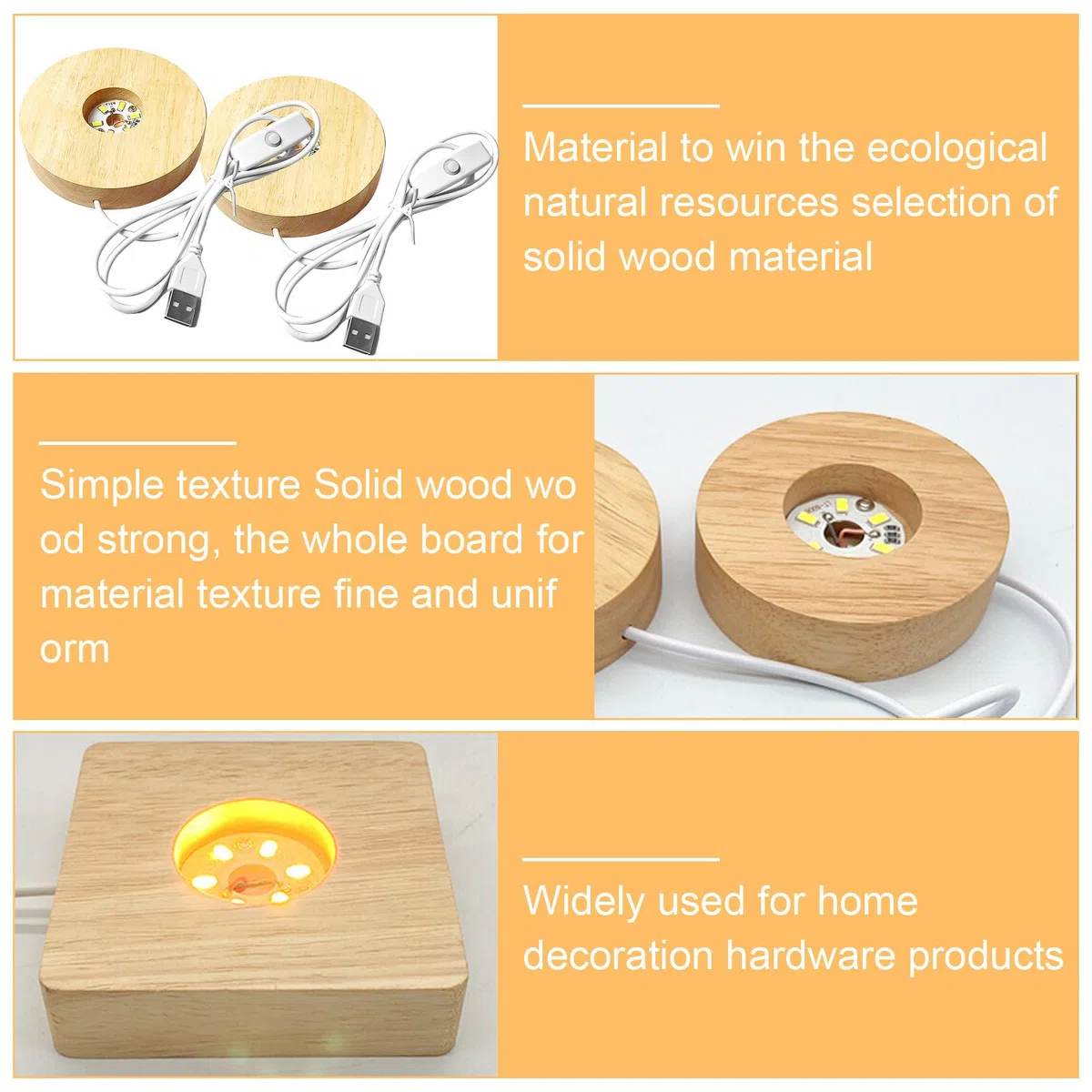 Nizirioo Base di Visualizzazione con Luci LED: 4 Pezzi in Legno, Espositiva Luminosa USB, Supporto da Tavolo Luce Calda per Vetro Acrilico (Rotondo + Quadrato)