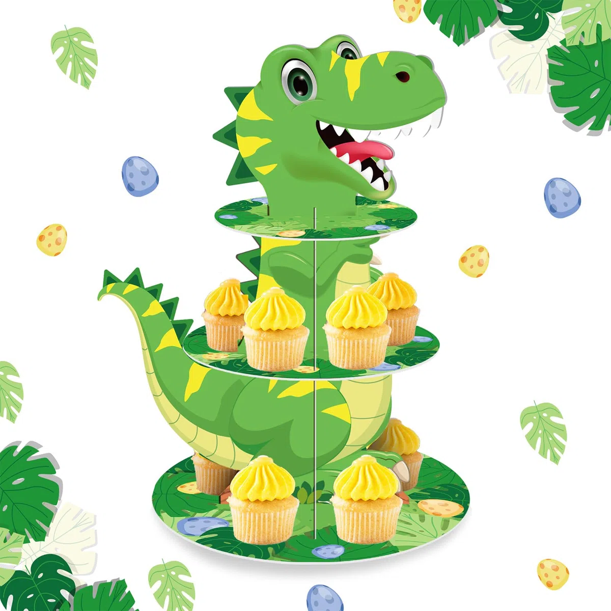 Stand per Cupcake a 3 Livelli, Porta Dolci in Cartone Tema Dinosauri, Espositore Rotondo per Festa di Compleanno Bambini, Decorazione Tavolo Festa