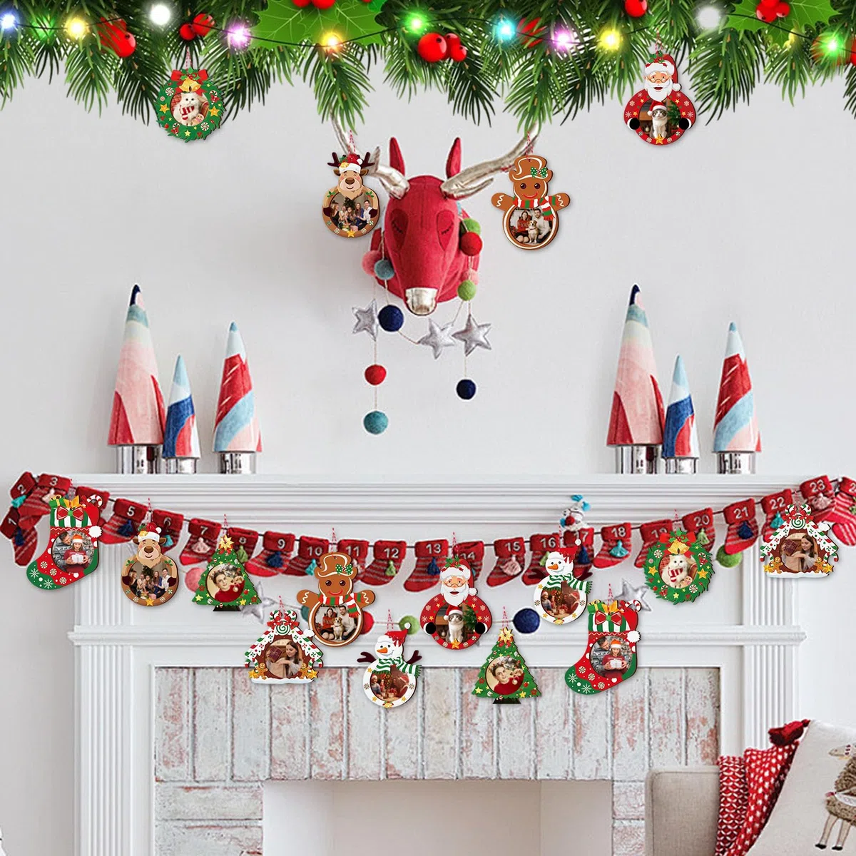 Decorazione per albero di Natale, 16 cornici per foto di Natale, in legno, per foto di Natale, in legno