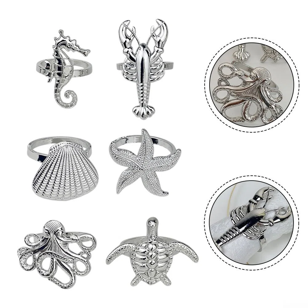 Maritim - Tovaglioli decorativi in metallo, 6 pezzi, motivo: animali marini (argento)