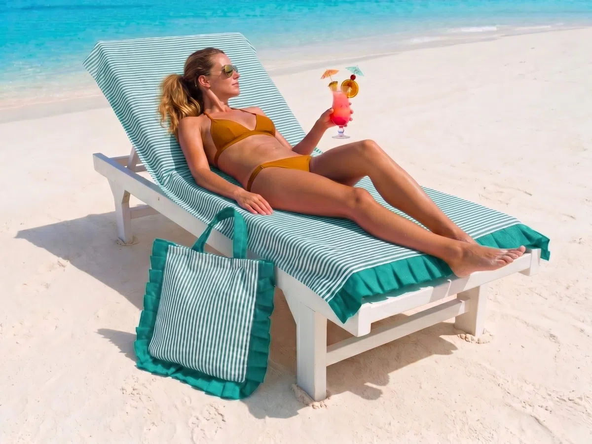 o-day Telo Mare Cotone Leggero con Frill 180x80cm Asciugamano Mare con Borsa Coordinata Set Spiaggia Elegante a Righe (Tiffany)
