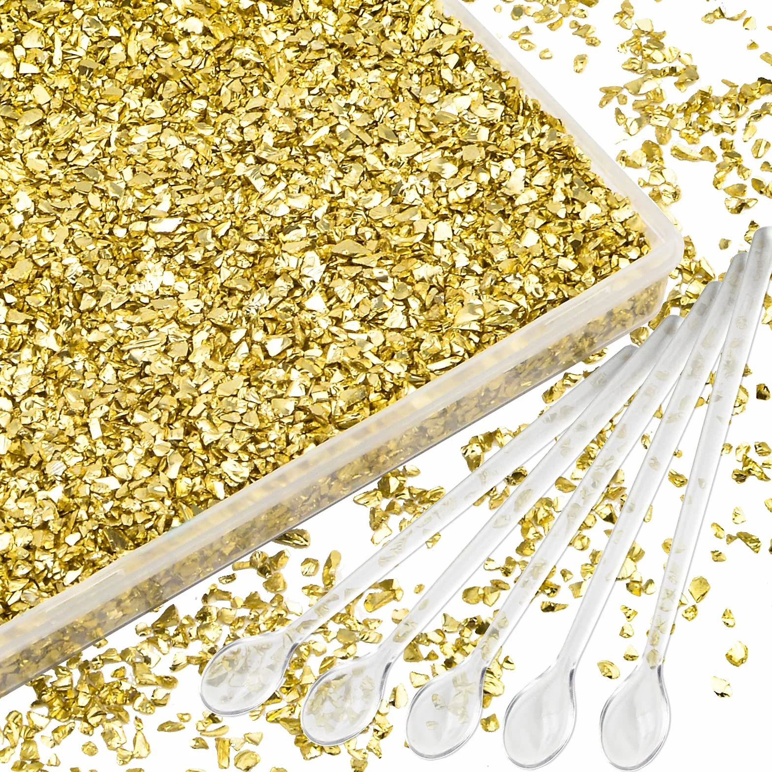 WANDIC Vetro frantumato, 200 grammi, 2-4 mm, in vetro frantumato dorato, irregolari metallizzati, riempitivi per creazioni in resina, nail art, pittura