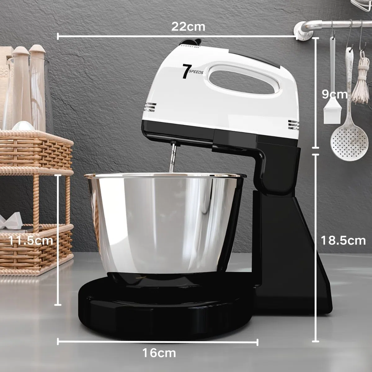 Impastatrice Planetaria, 7 velocità con ciotola in acciaio inossidabile 3QT, Robot da Cucina Multifunzione, supporto e sbattitore manuale con gancio per impastare, frusta (XN2)