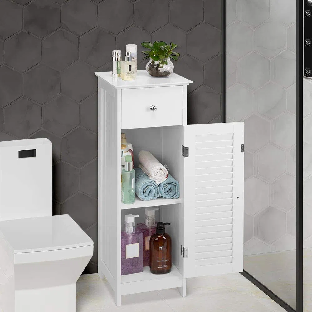 BAKAJI Mobile a Colonna per Bagno con Anta Cassetto e 2 Ripiani Interni Mobiletto Armadietto in Legno MDF Colore Bianco Dimensione 32 x 30 x 87 cm
