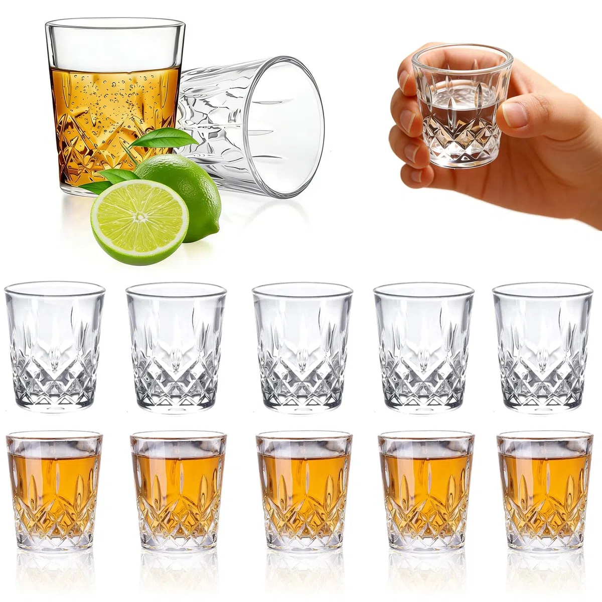 Set di 12 bicchierini da liquore in vetro di cristallo, 50 ml, piccolo bicchierino da liquore, bicchierini da whisky con fondo pesante, per feste, celebrazioni, riunioni (fondo piatto)