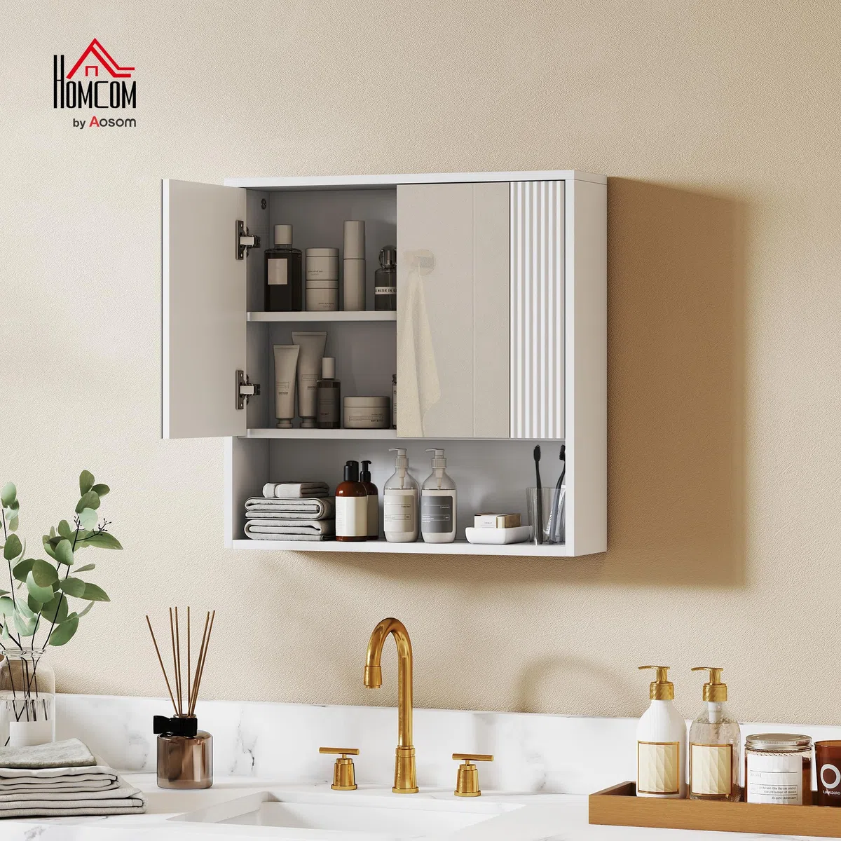 HOMCOM Mobile Bagno da Parete, Mobiletto Bagno Pensile Sospeso Moderno con Anta Soft Close, 2 Ante Specchiate, Scomparto Aperto, Ripiano Regolabile, per Soggiorno e Ingresso, Salvaspazio, Bianco