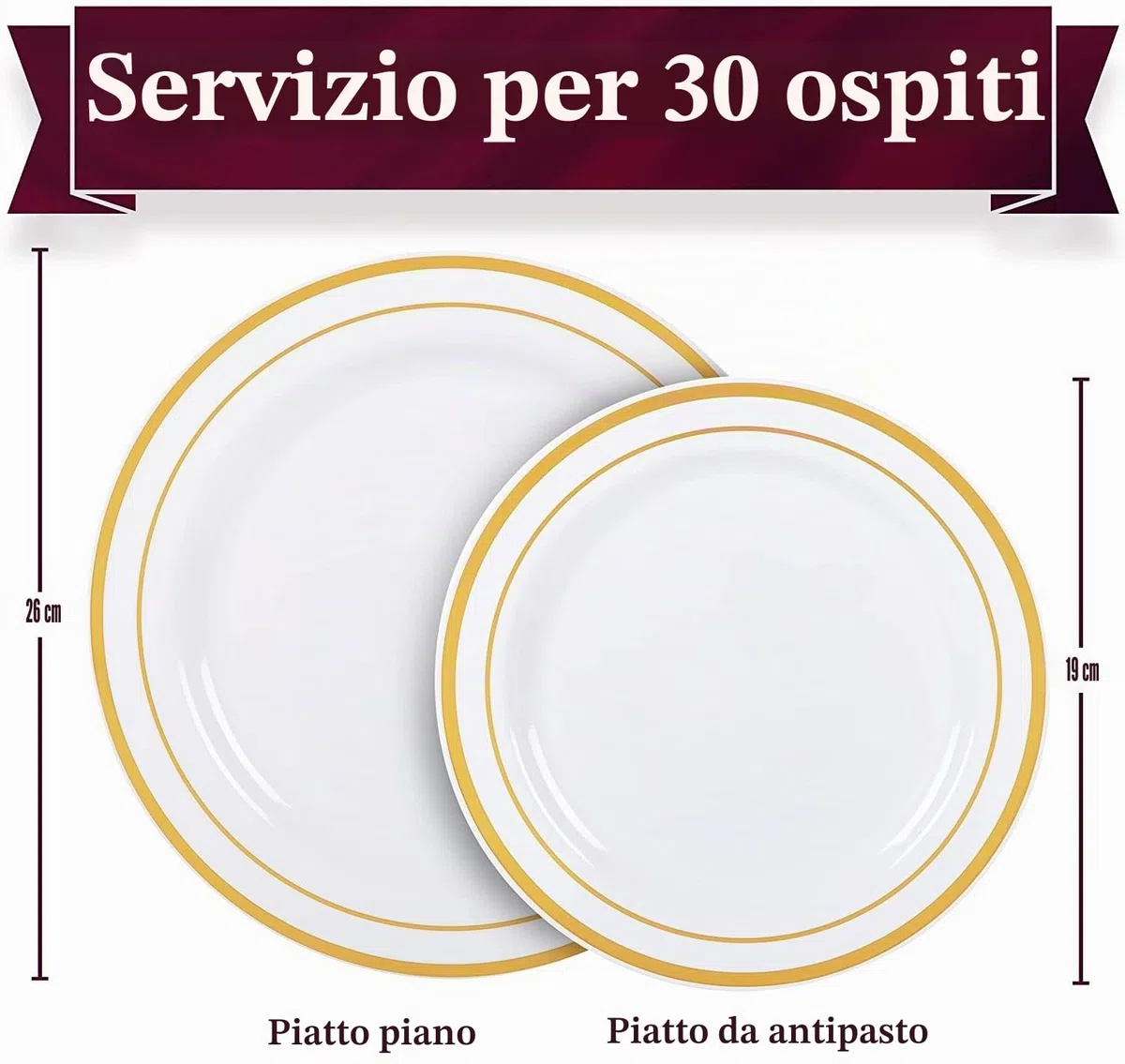 LATERN 60 Pezzi Stoviglie in Plastica Dorata, 30 Piatti Piani da 26cm + 30 Piatti per Insalata da 19cm, Piatti di Plastica Riutilizzabili per Festa di Dessert Giardino Anniversario Matrimonio