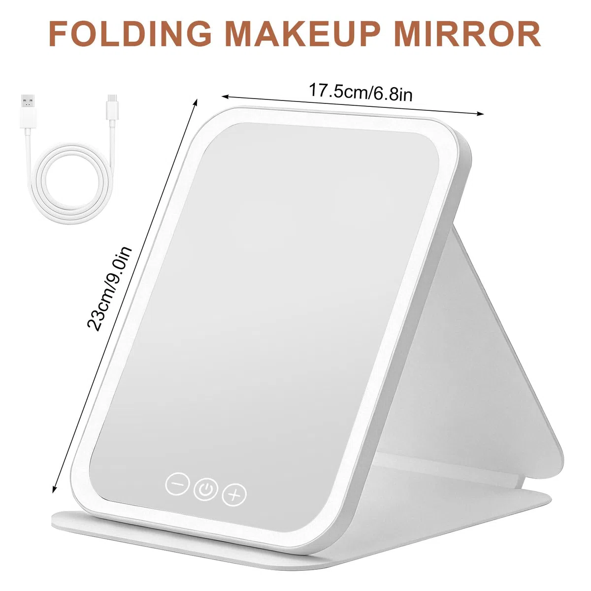 Specchio Trucco con Luci LED, Grande Specchio da Viaggio Pieghevole,Specchio Cosmetico Pelle PU,LED Specchio da Tavolo,Specchio da Scrivania Touch Make Up,3 Temperature di Colore (Square Bianco)