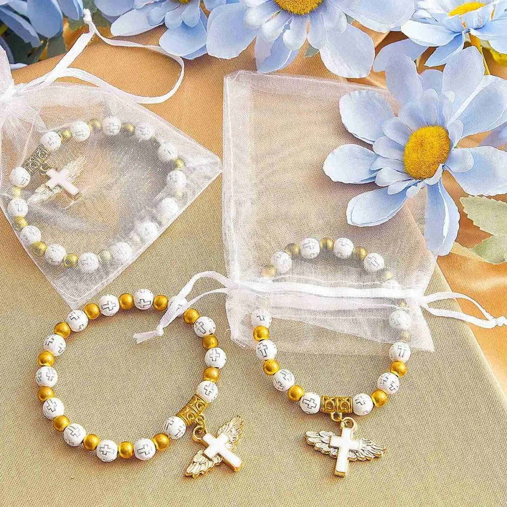 Bracciale con a forma di croce, con sacchetto in organza, acrilico, battesimo, favore per e ragazze, comunione, compleanno, matrimonio, Acrilico