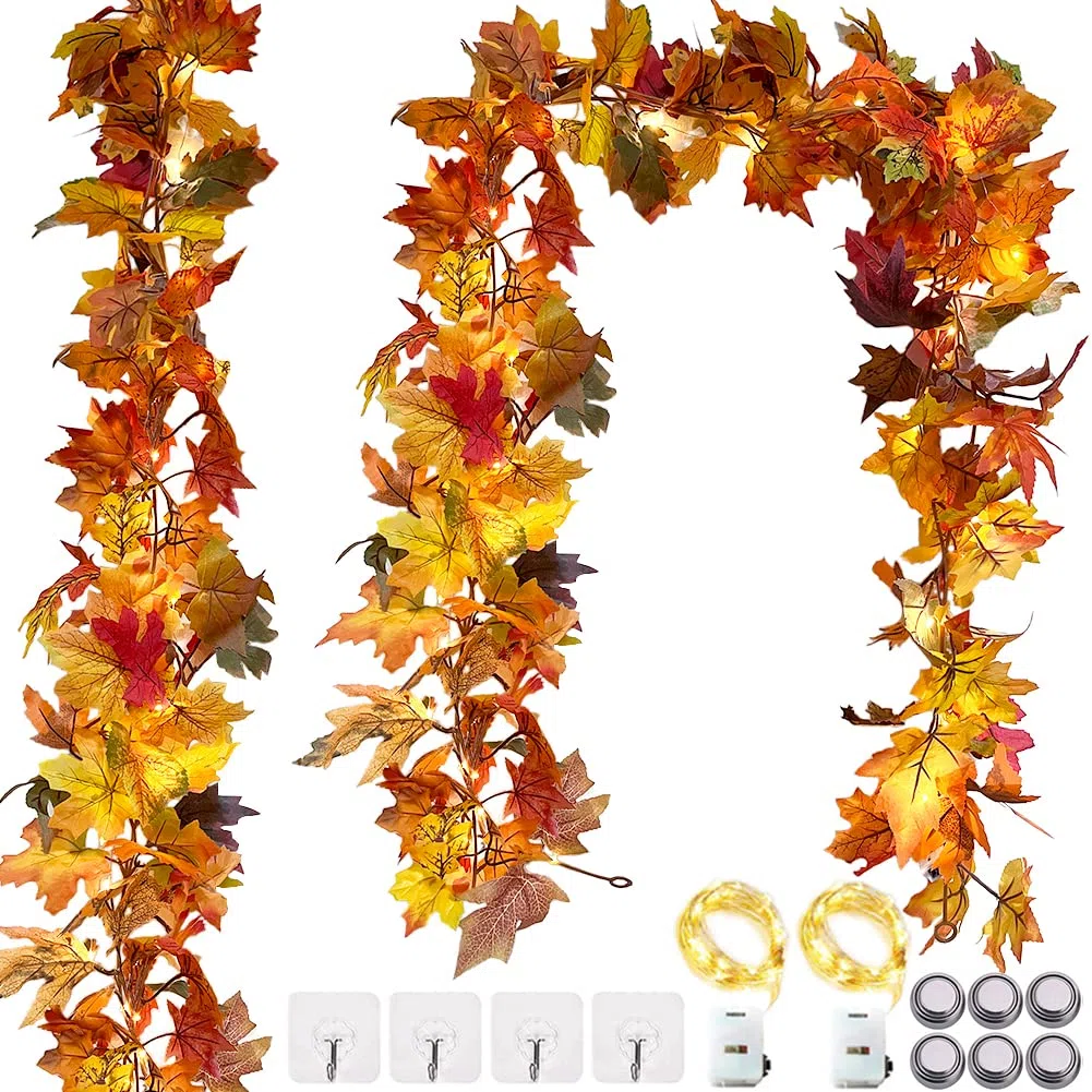 2 Pezzi Ghirlanda Foglie d'Acero Artificiali, OEMG 3,6m Ghirlanda Autunnale con 2 Luci e 4 Ganci, Ghirlande Foglie Autunnali Finte per Decorazioni Natalizie Halloween Autunno Ringraziamento Camino