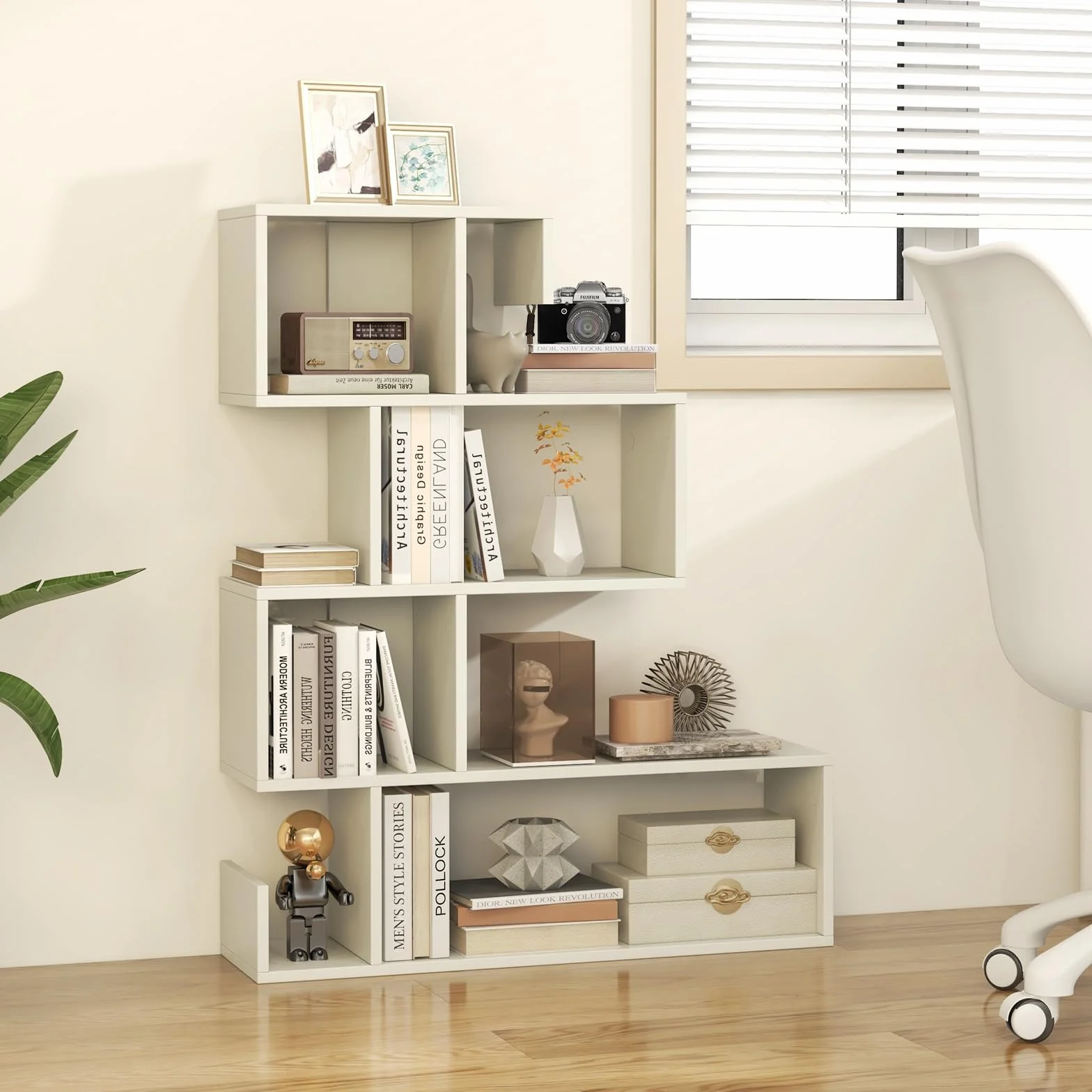 HOMASIS Libreria a Forma di Mossa con 5 Livelli, Scaffale Aperta a Forma di S in Legno, Libreria Divisoria con Protezione Anti-Ribaltamento per Soggiorno, Studio, 80 x 22 x 100 cm (Bianco)