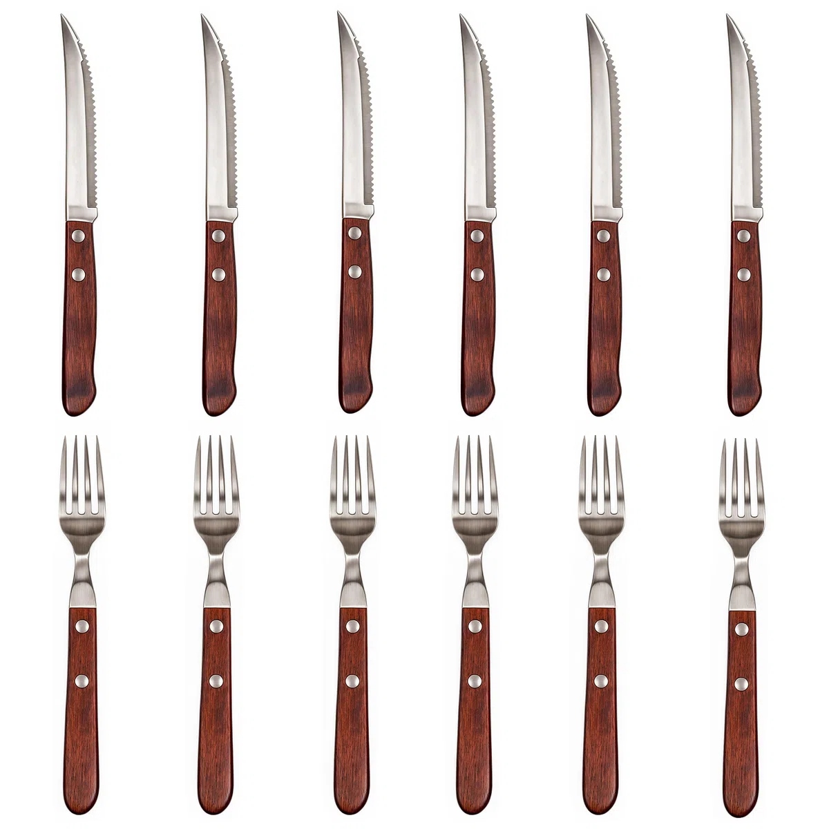 Posate da bistecca acciaio inox legno 12 pezzi con 6 pezzi di coltelli da bistecca e 6 pezzi di forchette da bistecca