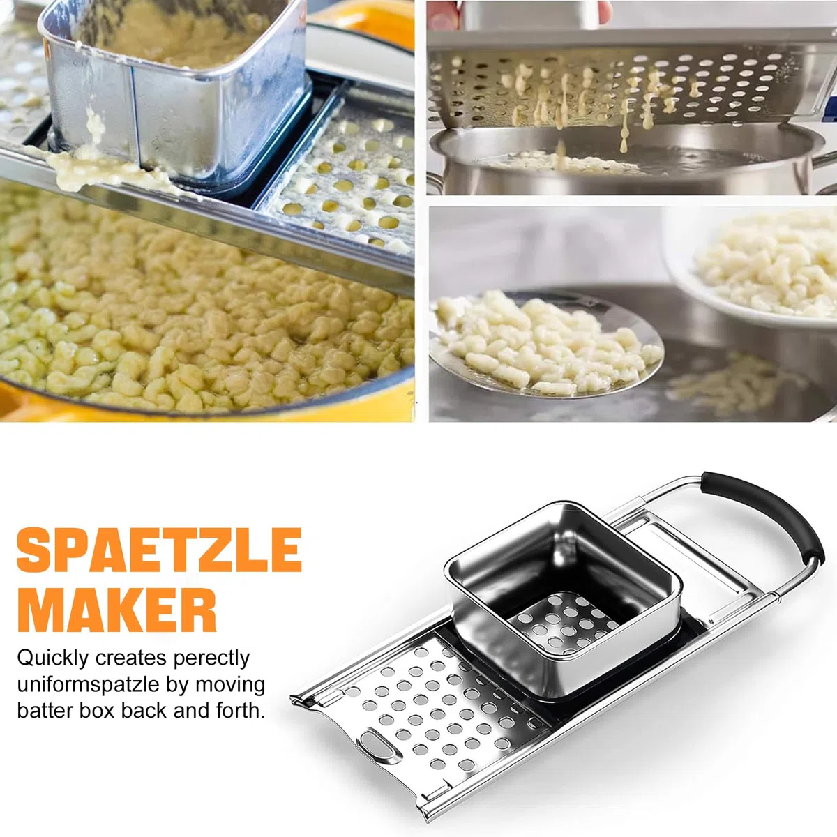 Affettatrice per spätzle, raschietto e filtro per patate in acciaio inox con manico in gomma, lavabile in lavastoviglie, per tutti i vasi fino a Ø 30 cm