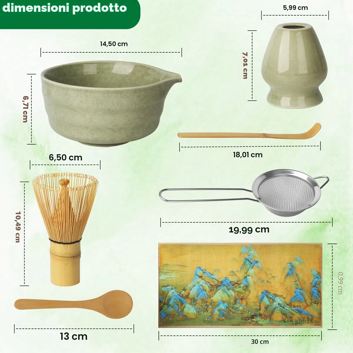 Macha Tea Kit, 7 Pezzi Matcha Kit, Completo con Matcha Whisk, Ciotola Matcha, Supporto Chasen, Setaccio da Matcha, Tappeto con Motivo, 2*Cucchiaio Matcha, Ideale per la Preparazione del tè Matcha