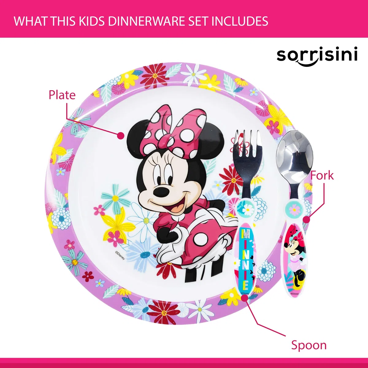 Set Stoviglie bambini, Piatti riutilizzabili per asilo, scoula, piatto, posate in acciaio inox, Set piatti in plastica dura andata per microonde, Minnie