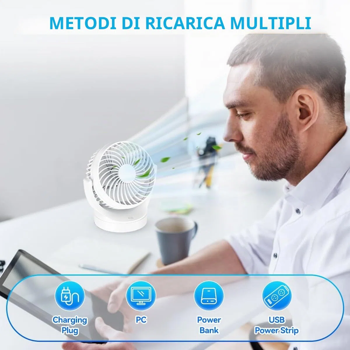 Ventilatore da Tavolo, Ventilador Portatil 3000mah A 5 Velocità Ricaricabile Il Ventilatore Portatile Ricaricabile Dura 4-10 Ore, Silenzioso, Per Camera Da Letto, Ufficio, Biblioteca,Viaggi All'aperto