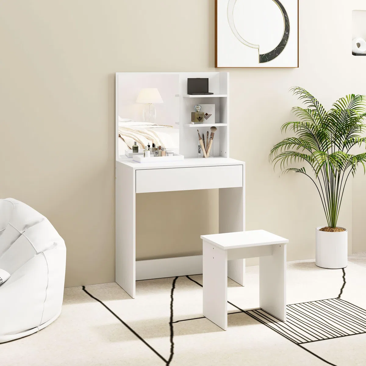 HOMCOM Postazione Trucco a 3 Ripiani e Cassetti con Specchio e Sgabello Abbinato, Toeletta Trucco da Camera in Truciolato, 75x40x137 cm, Bianco