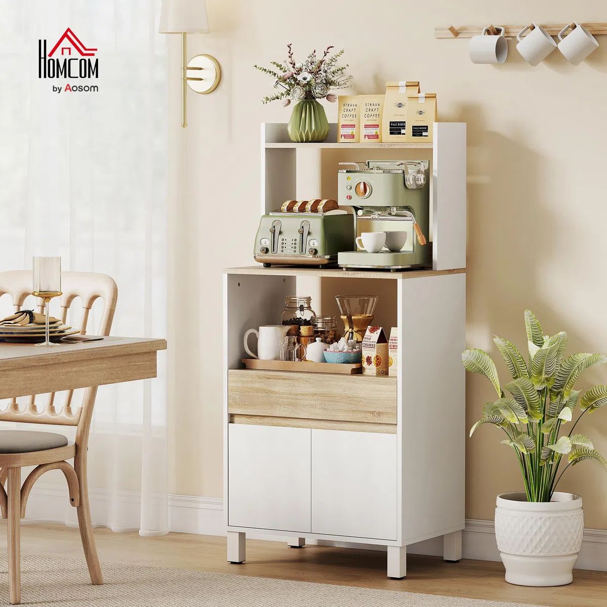 HOMCOM Mobile Microonde con Armadietto a 2 Ante Soft Close, Credenza Cucina Microonde con Cassetto, Piano per Elettrodomestici, Scaffale Superiore, Ripiano Aperto, per Soggiorno, 60x40x131cm, Bianco