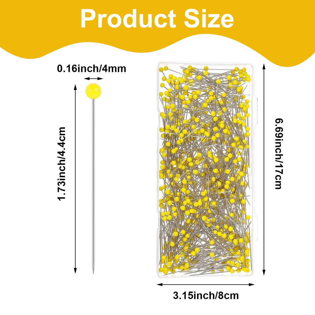 Qianyu 500 spilli da cucito dritti per tessuto, 4,4 cm, testa a sfera in vetro giallo, spilli per trapuntatura, sartoria, corpetto, spilli per cucito, artigianato, creazione di gioielli, fai da te,
