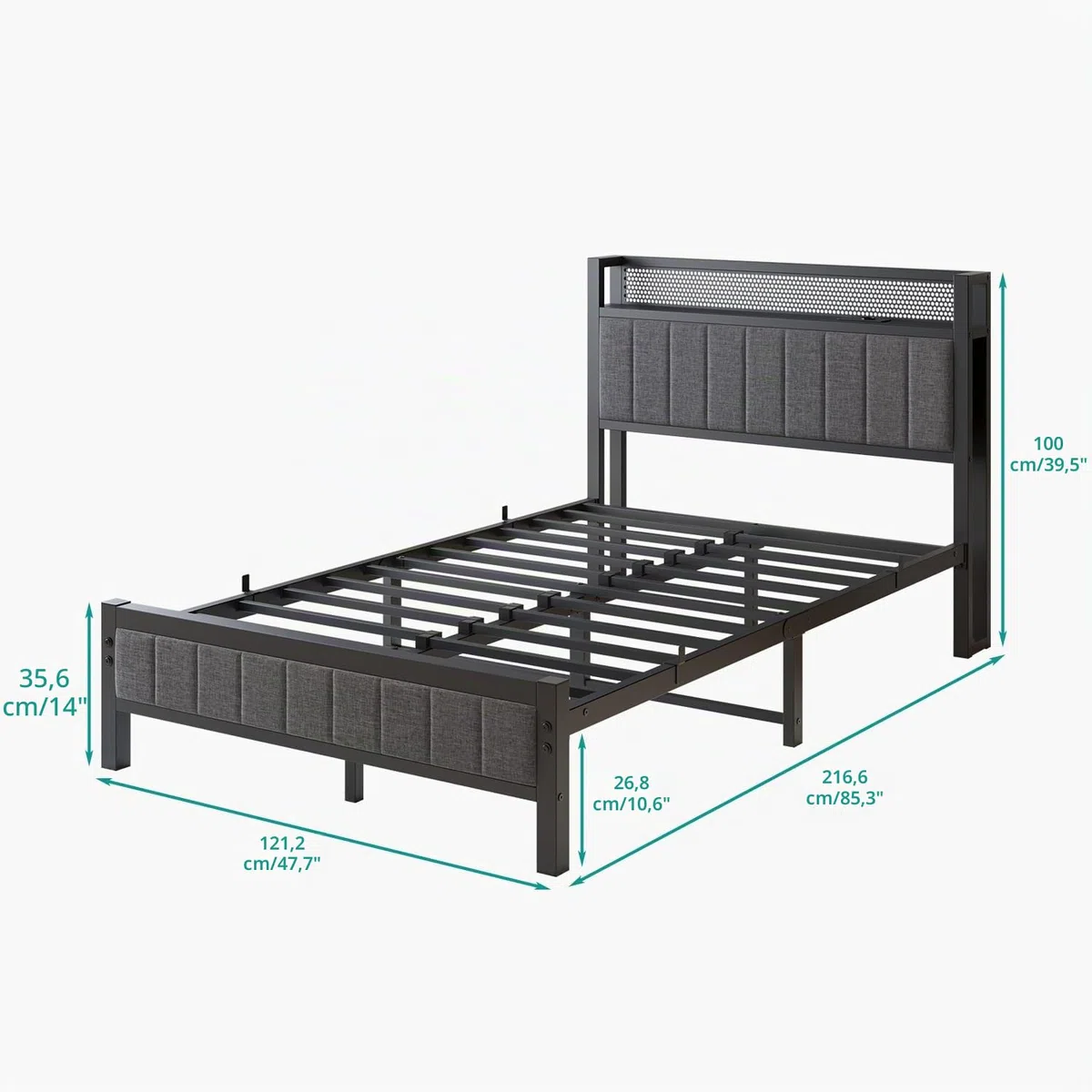 Struttura per letto matrimoniale/singolo con stazione di ricarica - Letto aggiuntivo in metallo - 120 x 200 cm - Per camera - Grigio