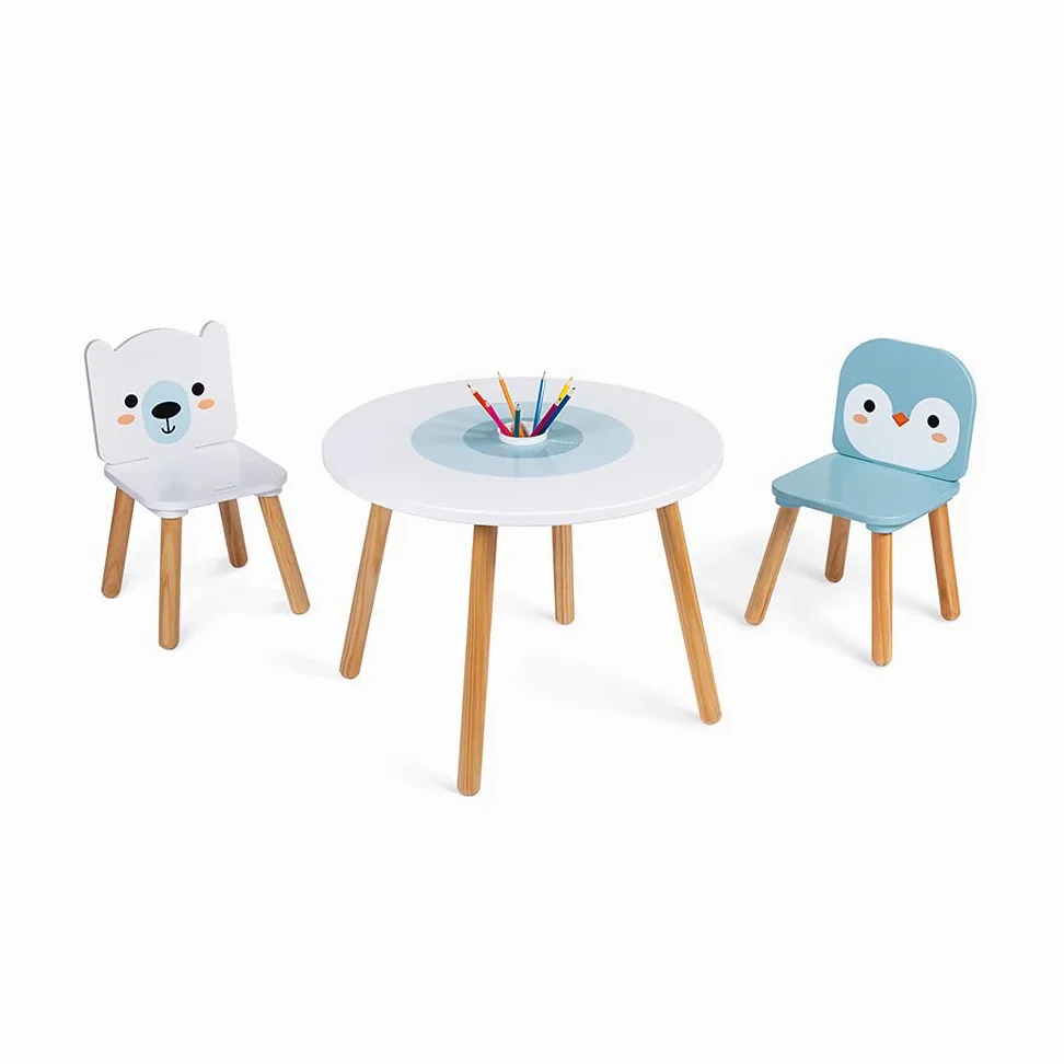 Janod - Tavolo e 2 Sedie Banchisa in Legno - Tavolino Rotondo per Bambini con Portapenne Rimuovibile - 1 Sedia Orso Bianco e 1 Sedia Pinguino - Ideale per Bambini da 3 a 6 Anni, J09650