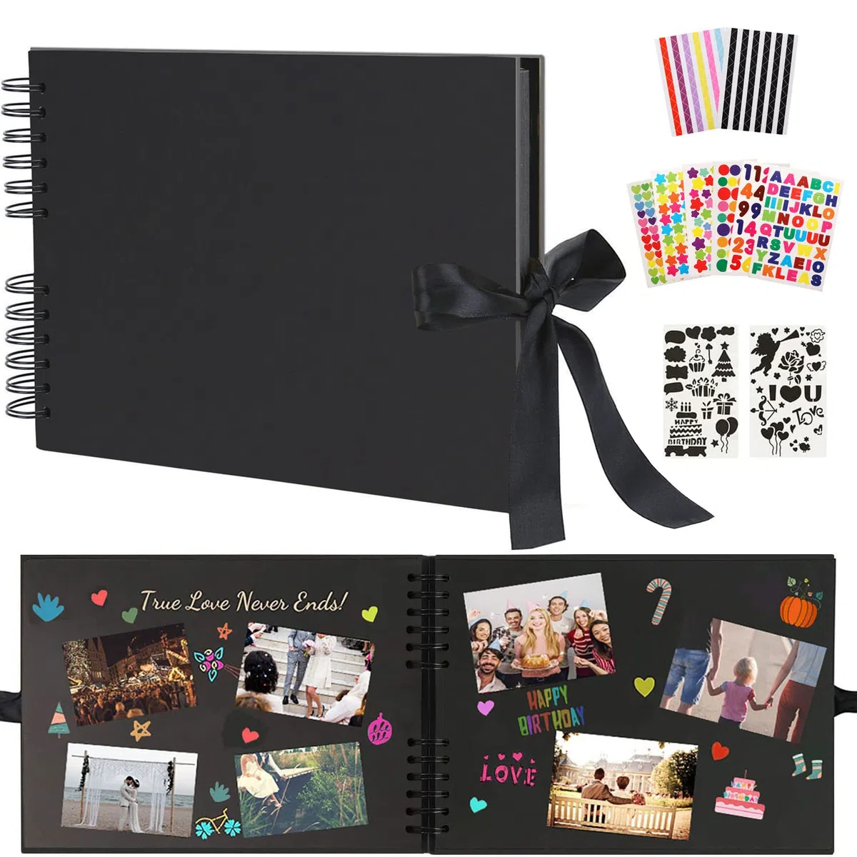 Album Fotografico 80 Pagine Nere, Spirale Scrapbooking Album Foto Ricordi Fai da Te Fotografie, Regali Natale San Valentino Idee Regalo di Anniversario Compleanno (Nero)