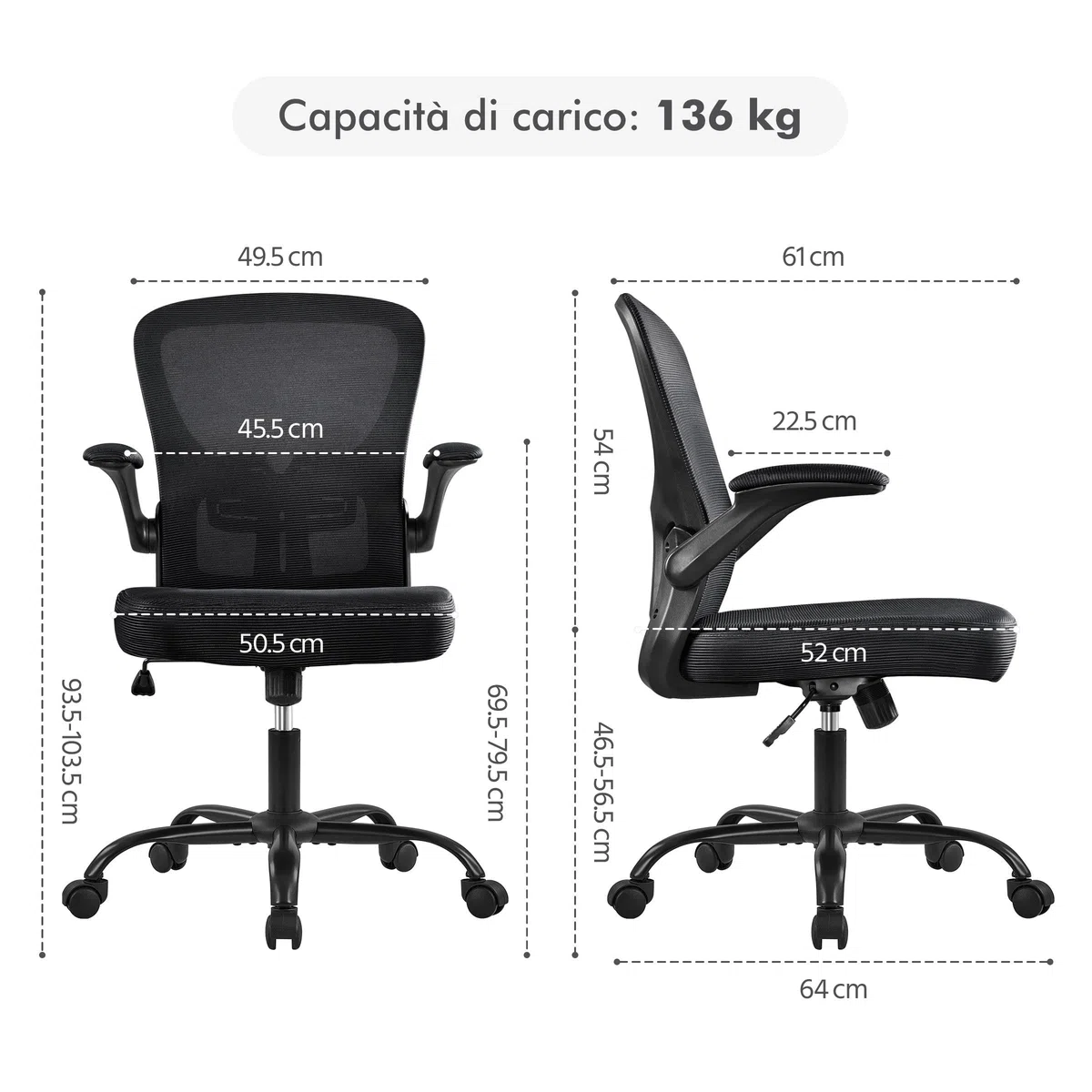 Sedia da Ufficio con Supporto Lombare, Sedia Scrivania Ergonomica con Braccioli Regolabili in Rete Traspirante, Altezza Regolabile e Schienale Inclinabile con Ruote Girevoli Nero