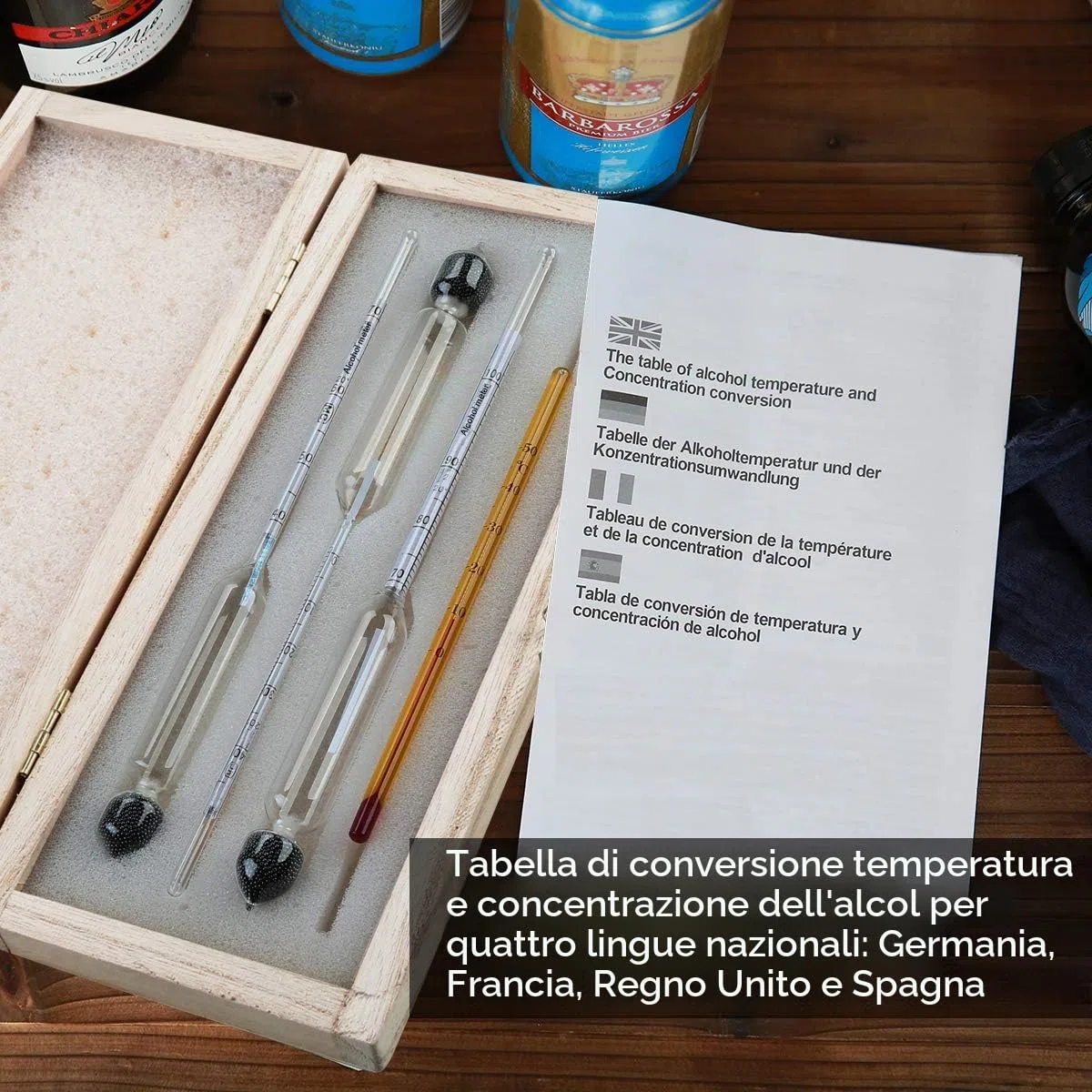 alcol tester, 3 pezzi, alcolometro, misura il contenuto alcolico 0 - 100 Vol%, alcol - vinometro + termometro per tutte i liquori, distillati, whisky, brandy, vodka, ecc