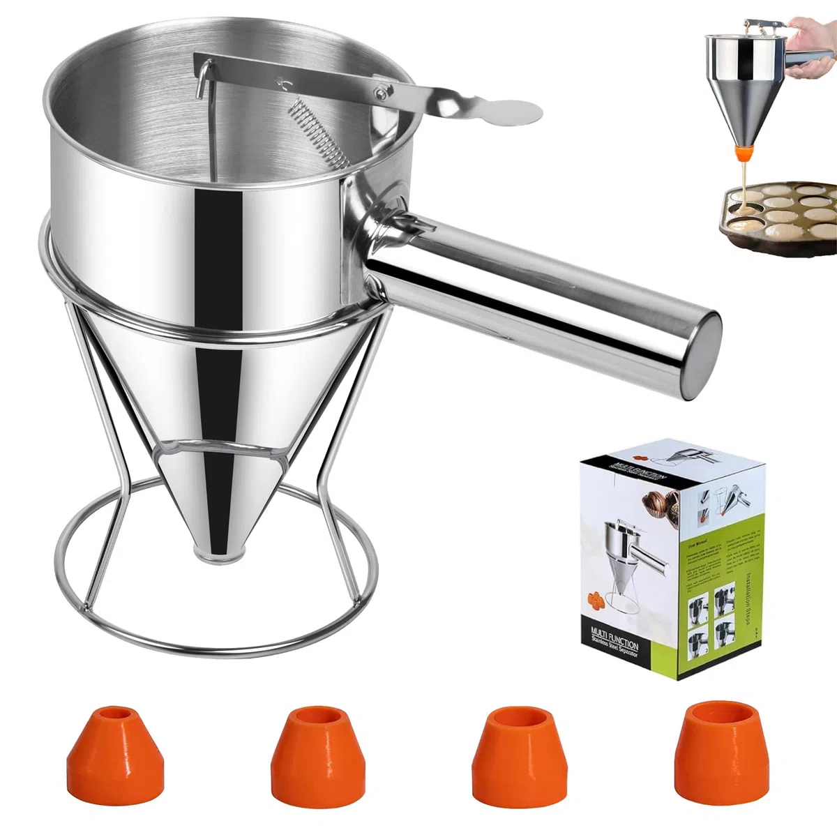 Imbuto a Pistone in Acciaio Inox 0,6L Imbuto Dosatore per Pasticceria Dosatore,Supporto e 4 Diversi Ugelli per Pancake, da Cucina, in Acciaio inox