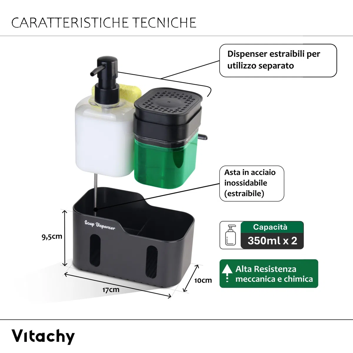 Dispenser Sapone Cucina Nero con Dosatore per Lavastoviglie e per Sapone per Mani. Organizzatore per Lavello con Supporto in Spugna Dish Soap Dispenser for Kitchen