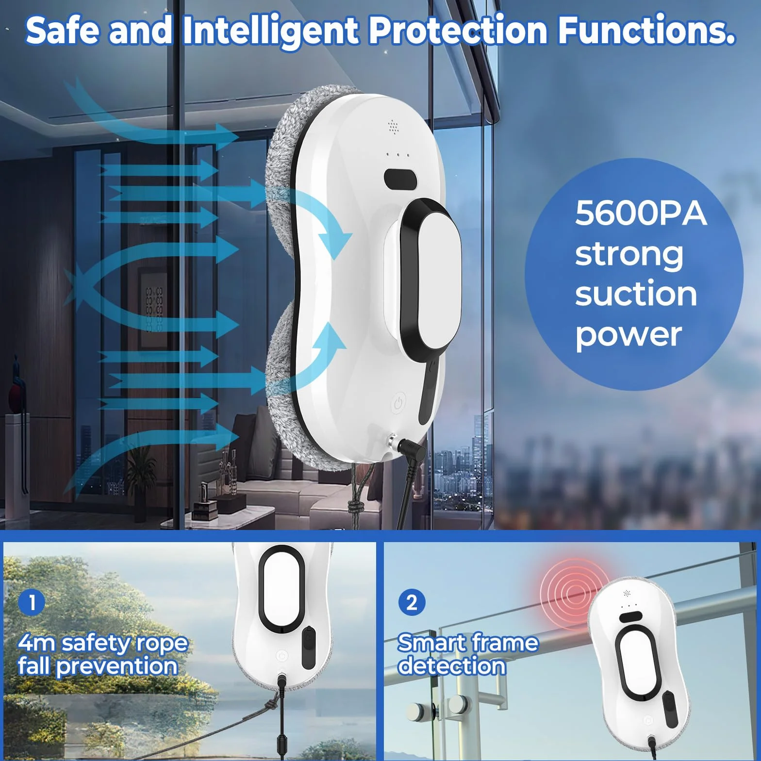 Robot lavavetri 5600Pa, Robot Lavavetri Finestre con Getto Automatico Spruzzo, Navigazione Intelligente, Rilevamento dei Bordi, Sistema di Sicurezza, Telecomando, per Finestre, Specchi e Piastrelle