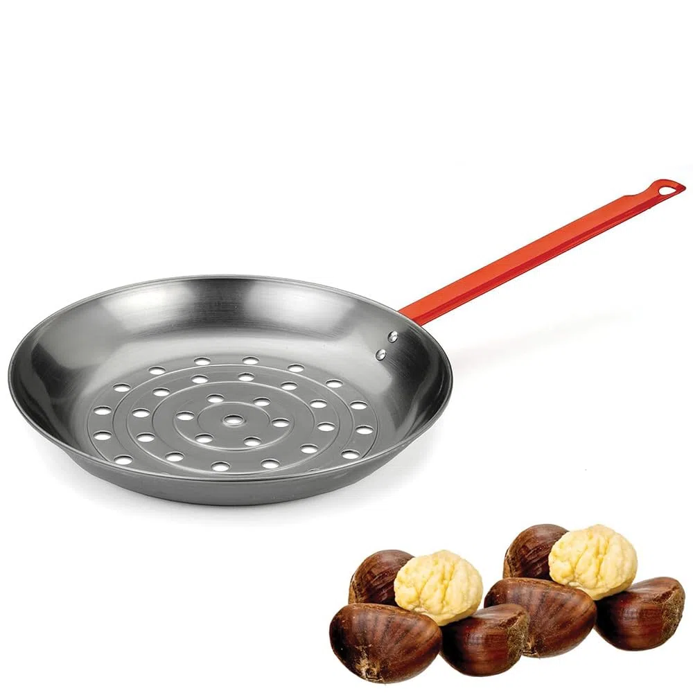 PALUPLUS Padella per Caldarroste, Diametro 26 cm, Salta Castagne con Manico Rosso Verniciato, Padella Forata Arrostacastagne -7262