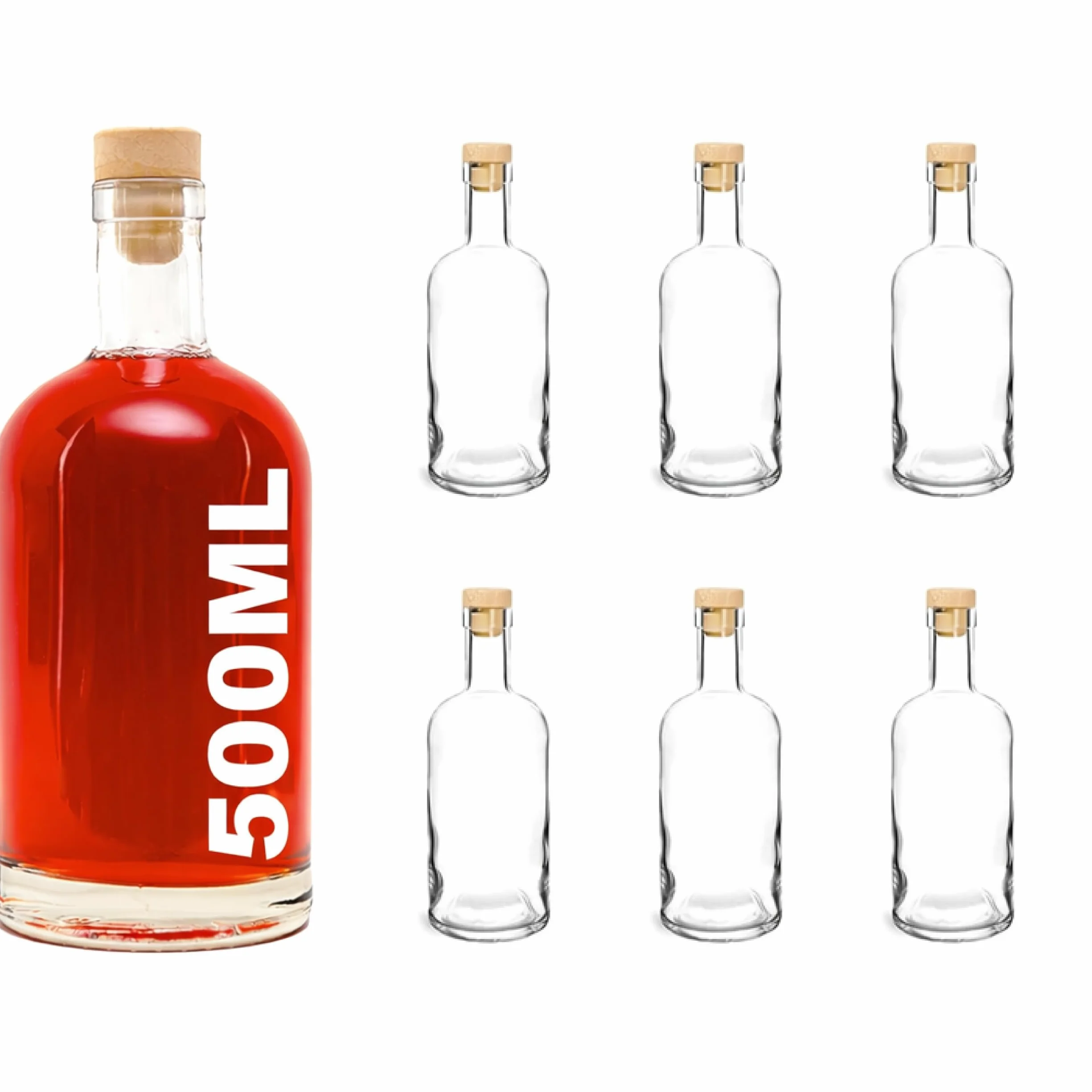 6 Bottiglie Vetro 500ml per Liquore – 500 ml, Limoncello, Amari, Distillati – Vuote Fatte in Casa Eleganti, Tappo Plastica Ermetico